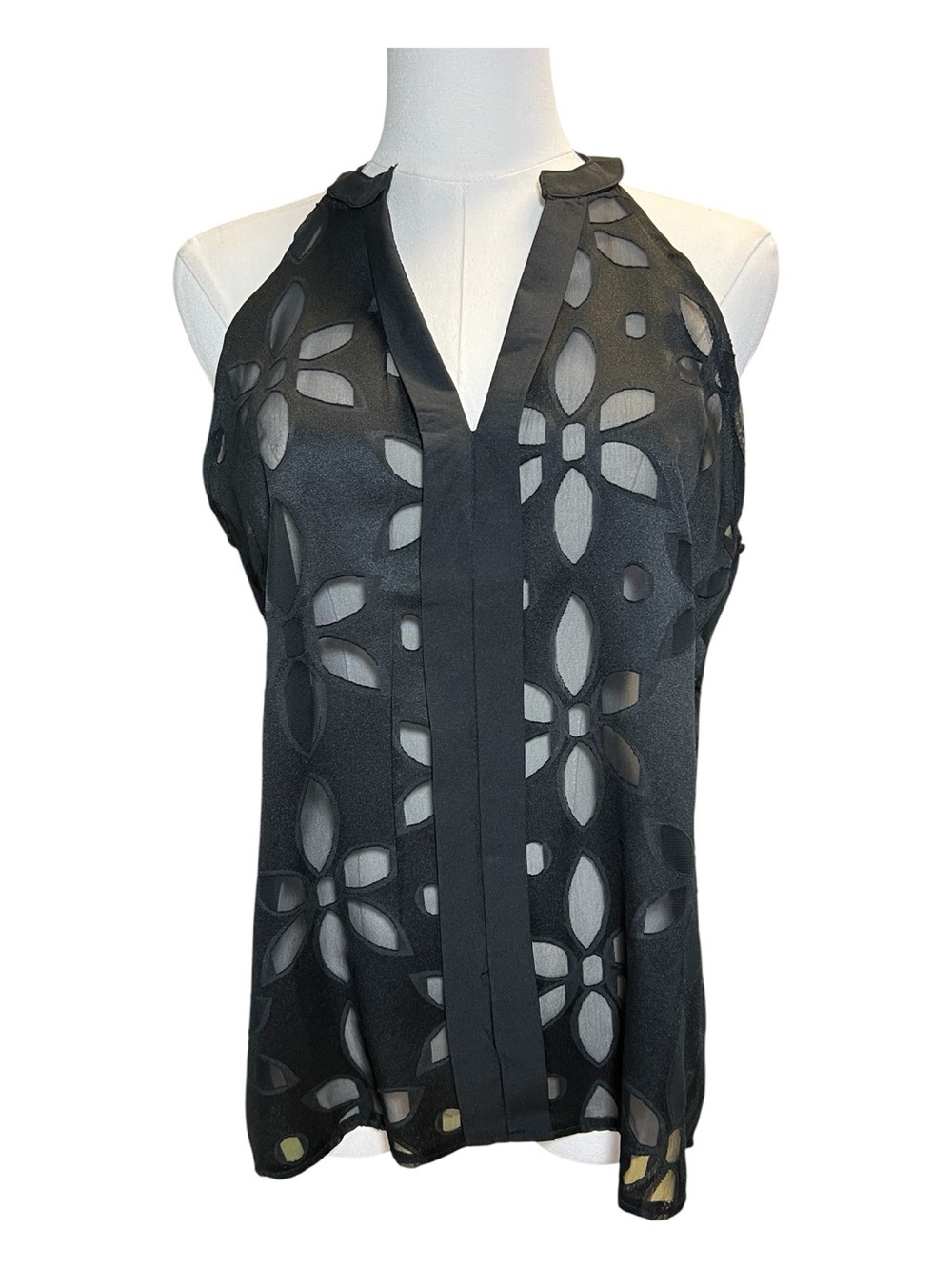 NWOT black sleeveless cutout collar floral sheer top | size L